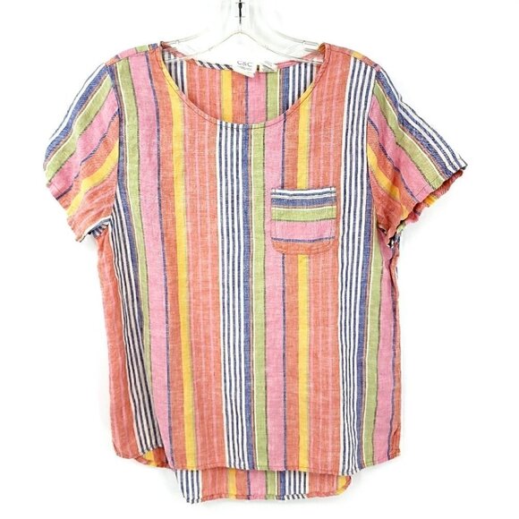 C&C California Tops - C&C California Colorful Striped Summer Top Round Neck  100% Linen Light Shirt